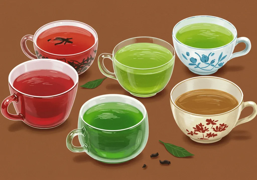 [ここに、和紅茶の赤い水色、緑茶の鮮やかな緑色、ほうじ茶の茶色など、色とりどりのお茶が入ったカップが並んでいる、カラフルでお洒落なイラスト。]