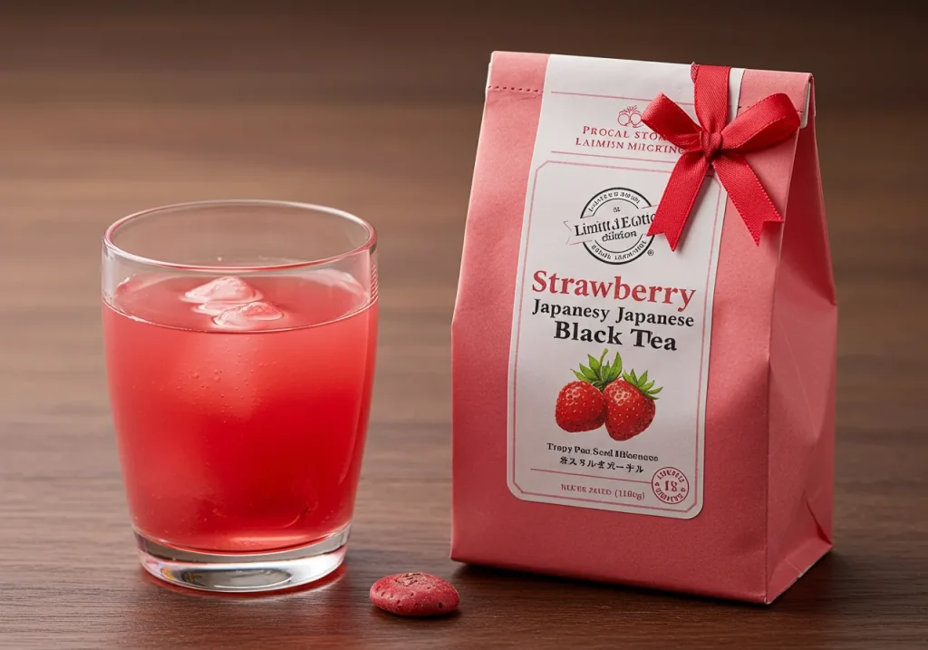 [ここに、グラスに入った鮮やかなピンク色の「いちご和紅茶」と、リボンがかかったような特別感のある限定パッケージのイラスト。「Limited Edition」などの文字を入れても良いかも。]
