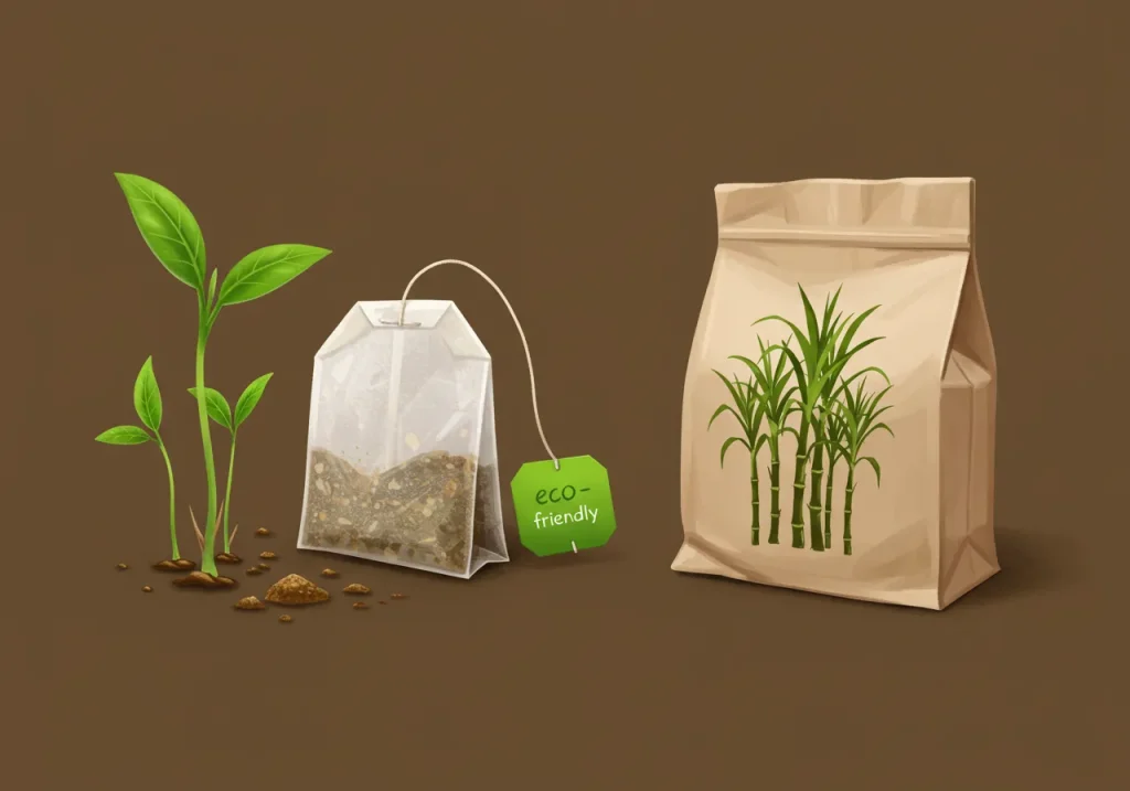 [ここに、ティーバッグから小さな葉っぱ（植物由来のイメージ）が芽吹いているようなイラストと、サトウキビのイラストが描かれた袋のイラスト。「Eco-Friendly」などのマークを入れても良いかも。]