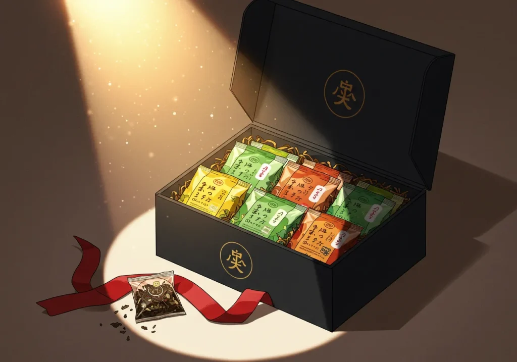 [ここに、リボンがかけられたお洒落な箱の中に、数種類の「はじまりの紅茶」のパッケージがきれいに詰められているイラスト。温かみのある雰囲気で。]