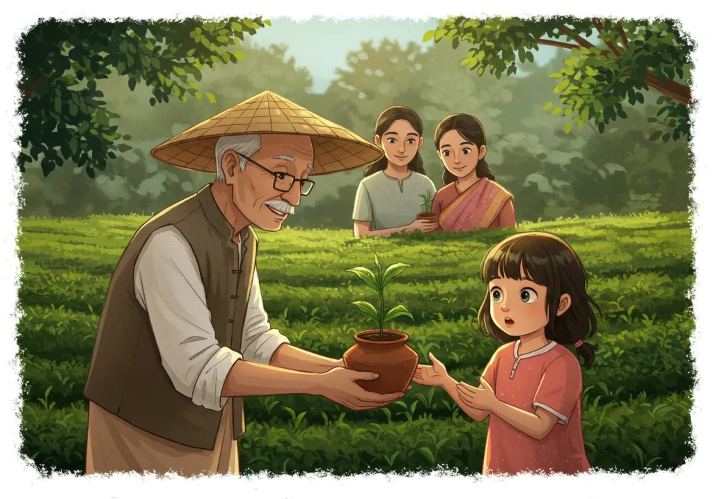 [ここに、おじいちゃん・おばあちゃん世代から、若い世代、子供たちへと、お茶の苗（または湯呑み）が手渡されているような、世代を超えて繋がっていくイメージのイラスト。]