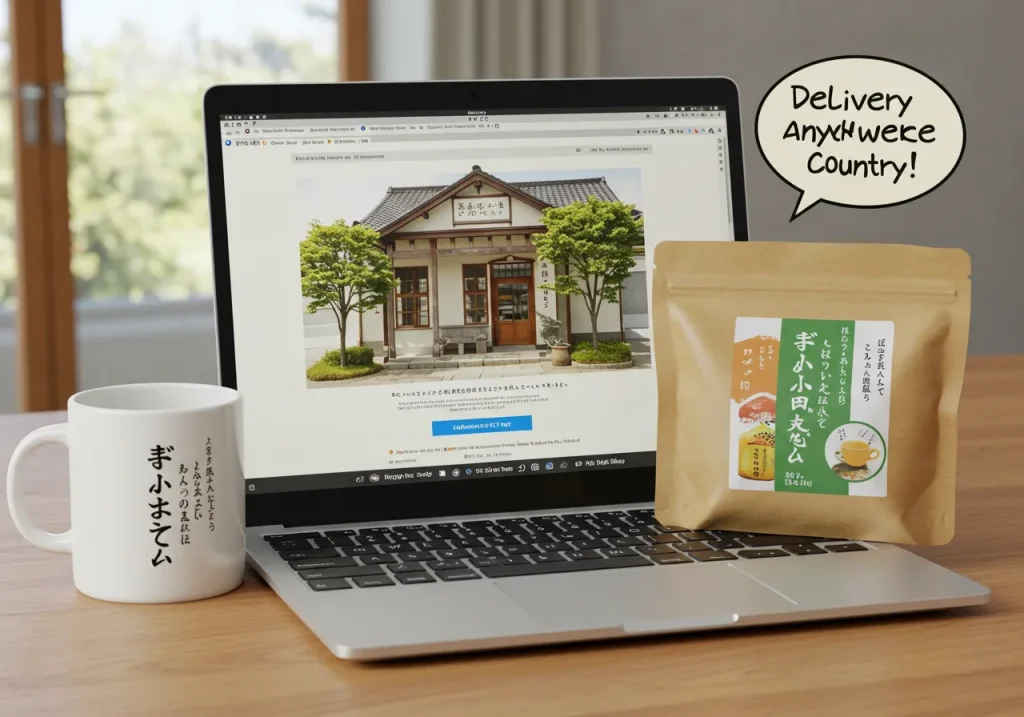 [ここに、ノートパソコンの画面に「はじまりの紅茶」オンラインショップが表示され、その横にマグカップと商品パッケージが置かれているイラスト。「全国どこでもお届け！」のような吹き出しを入れても良いかも。]