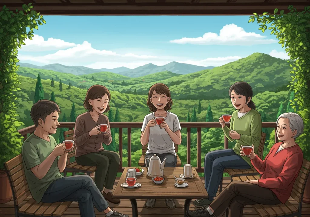 [ここに、緑に囲まれた開放的なテラス席で、数人が笑顔でお茶を飲んだり談笑したりしているイラスト。遠くに山が見えるような、景色の良い場所のイメージで。]