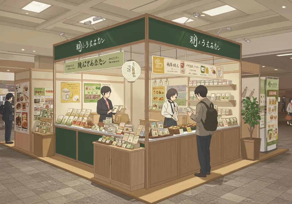 [ここに、デパートの催事場のような場所に、「はじまりの紅茶」のロゴが入った、お洒落で小さなブースが出店しているイラスト。お客さんが商品を手に取って見ている様子。]