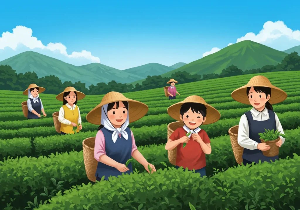 [ここに、大人も子供も、麦わら帽子などをかぶって、笑顔で茶畑で茶葉を摘んでいるイラスト。背景には青空と緑の山々。楽しそうな雰囲気を強調する。]