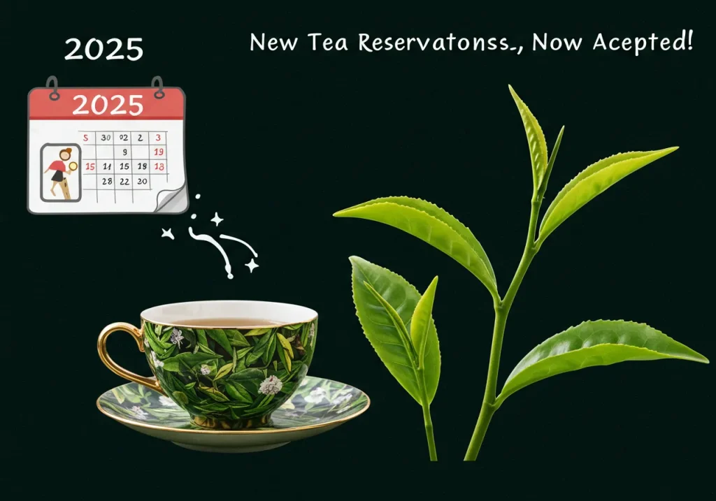 [ここに、「2025 新茶予約受付中！」のような文字と、キラキラと輝くような新鮮な茶葉のイラスト。カレンダーのアイコンなどを添えても良いかも。]