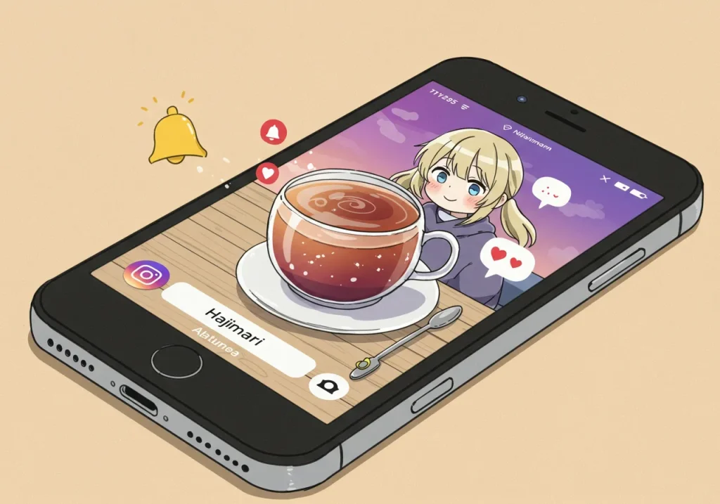 [ここに、スマホ画面にInstagramとX（Twitter）の「はじまりの紅茶」アカウントが表示されているイラスト。ベルのマーク（通知オンのイメージ）や、「いいね！」のハートマークなどが飛んでいると、よりSNSらしさが出るかも。]